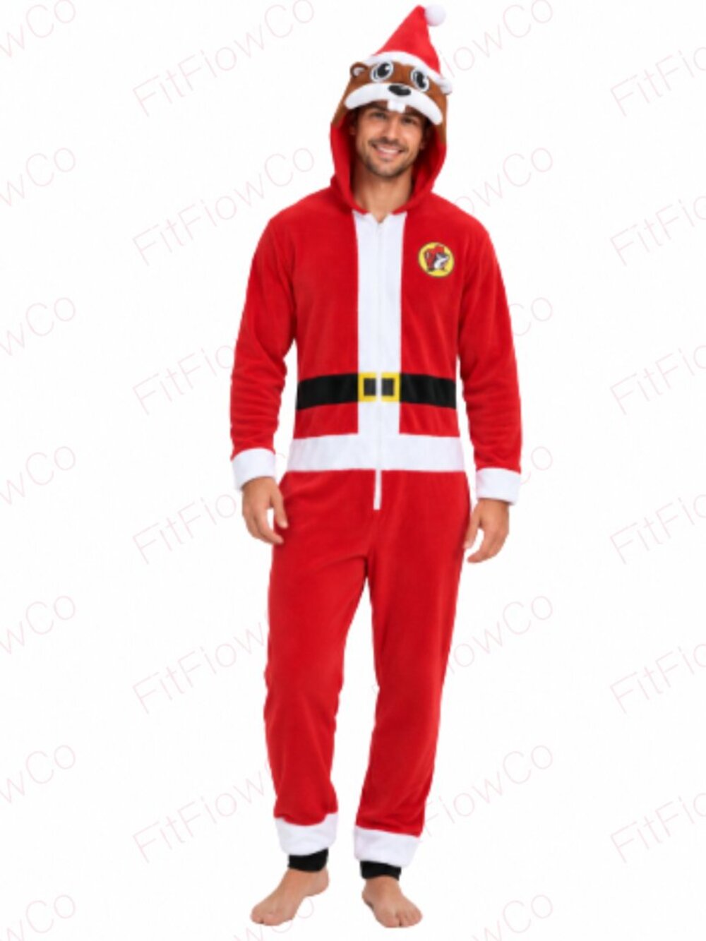 Buc-ee’s Santa Beaver Christmas Onesie Union Suit Adult L/XL Hooded Costume